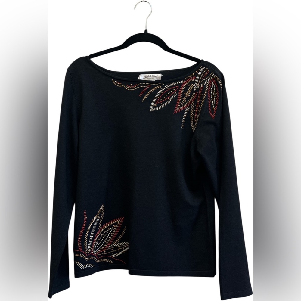 Judith Hart Collection Silk Blend Embellished Black Sweater L Boho Artsy Beaded